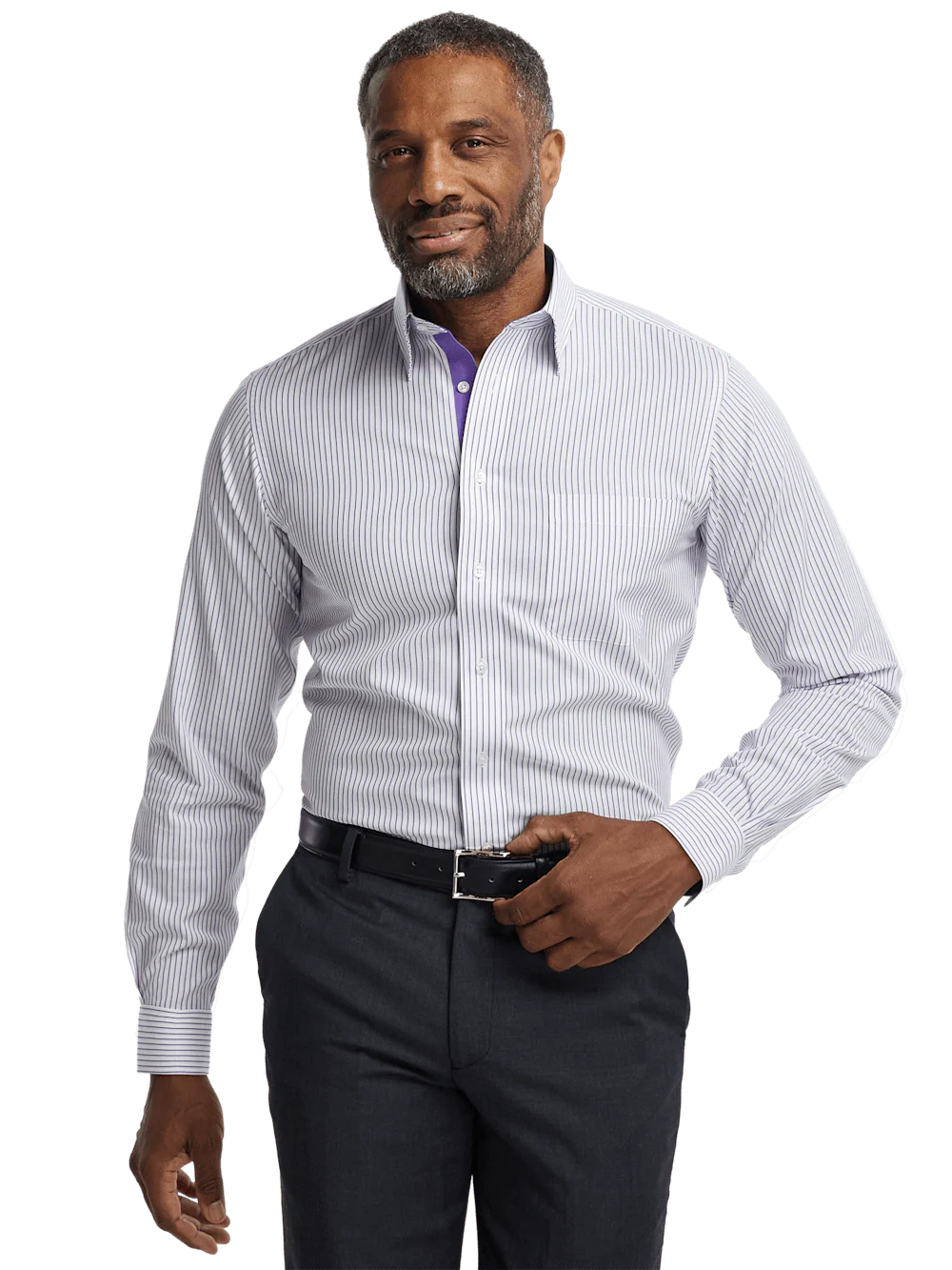 Comfort Stretch Non-Iron Stripe Dress Shirt With Contrast Trim - Purple - Image 2