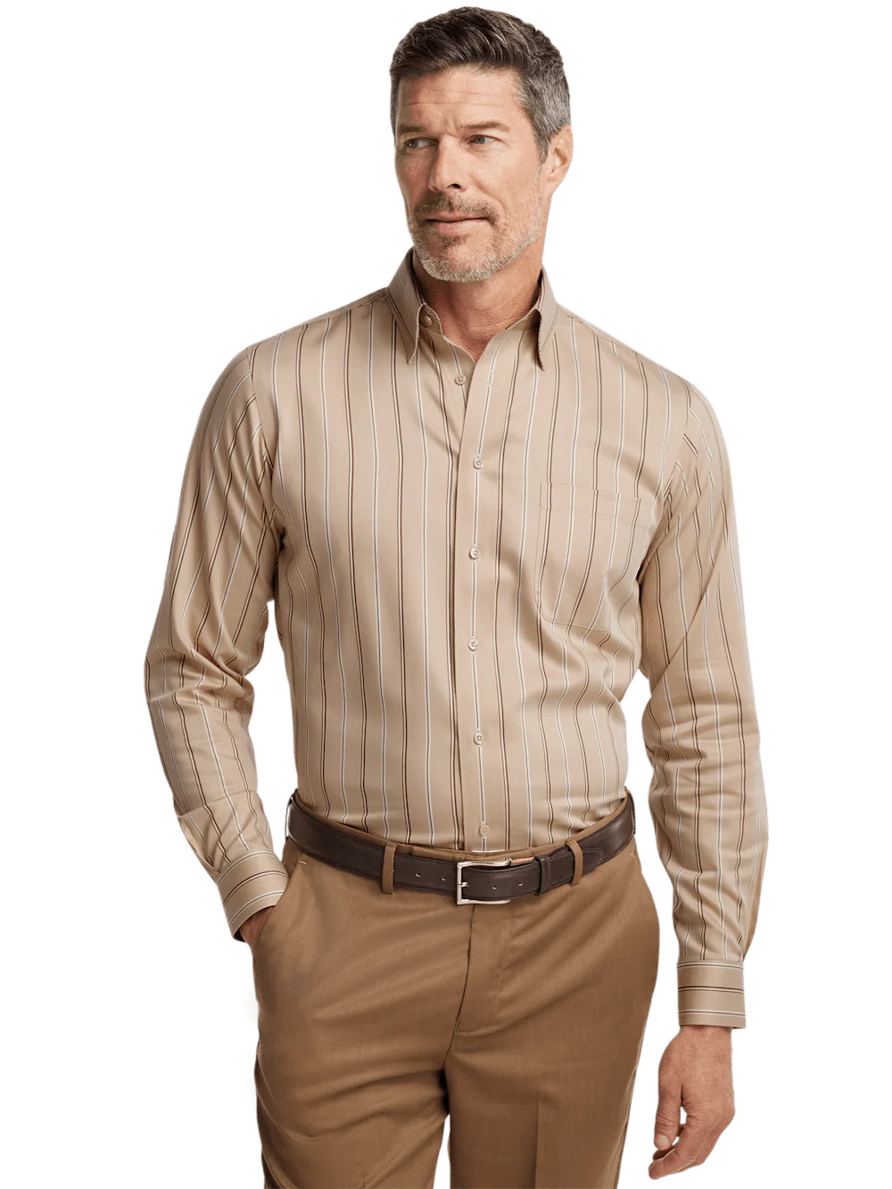 Comfort Stretch Non-Iron Stripe Dress Shirt With Contrast Trim - Tan - Image 2