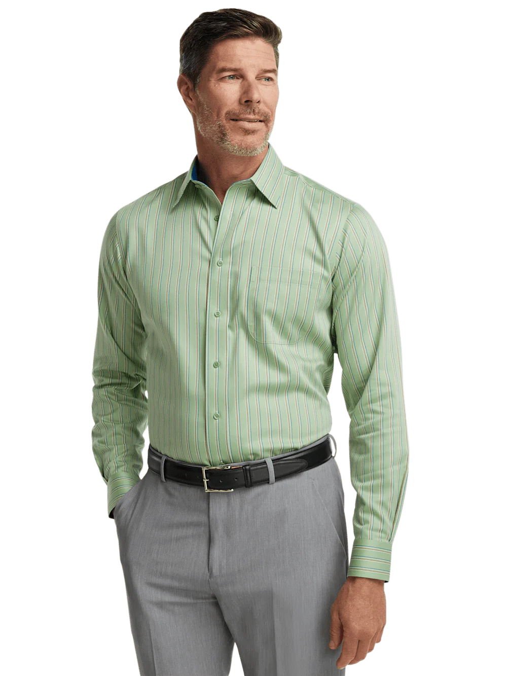 Comfort Stretch Non-Iron Stripe Dress Shirt With Contrast Trim - Mint Green - Image 2
