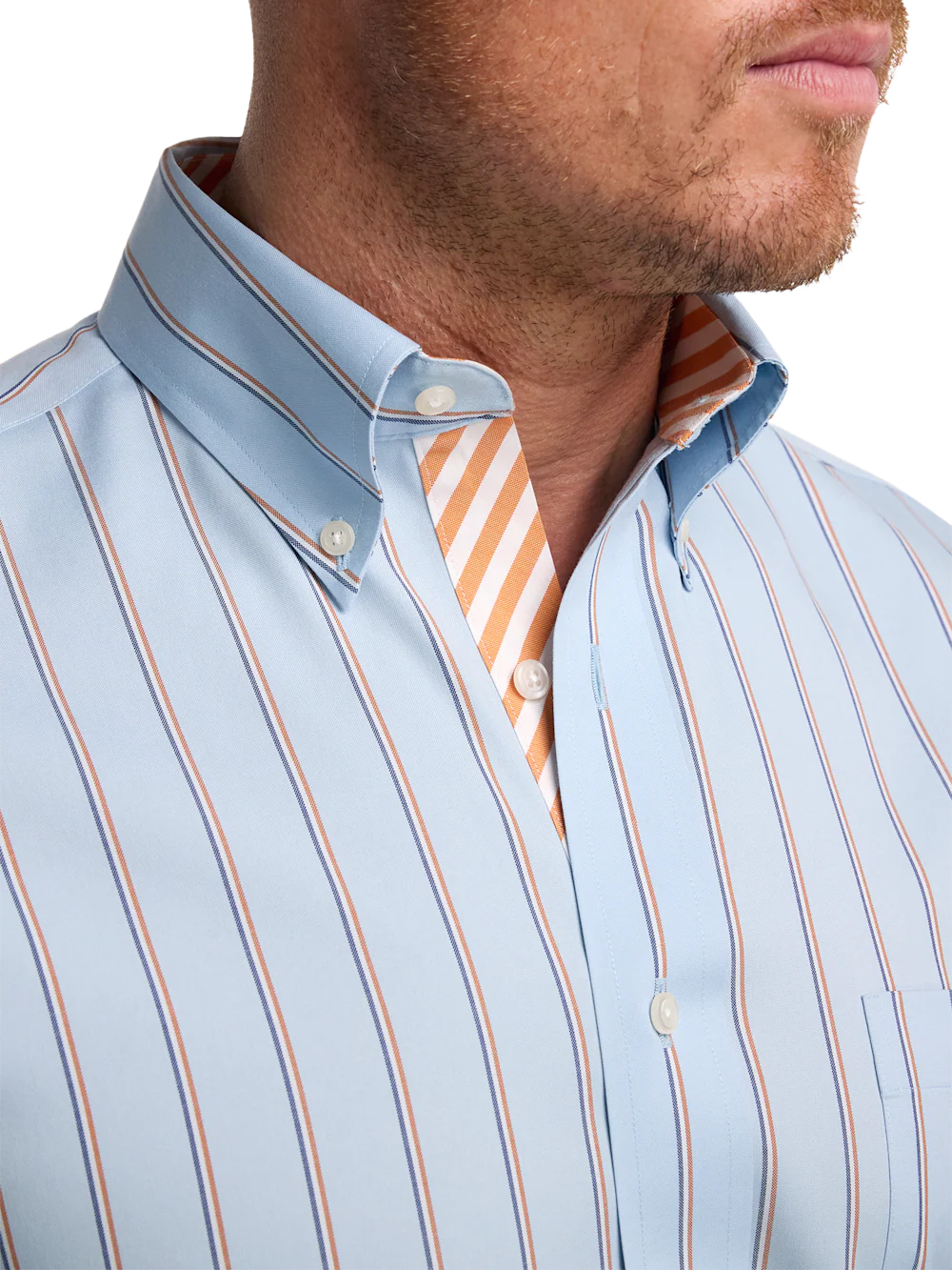 Comfort Stretch Non-Iron Stripe Dress Shirt With Contrast Trim - Blue/melon - Image 3