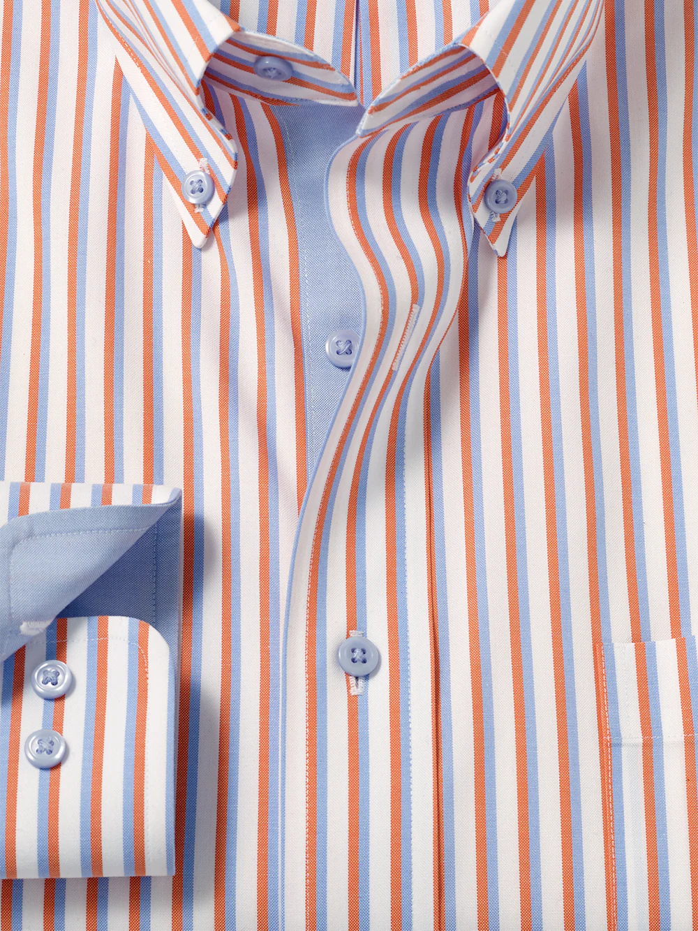 Comfort Stretch Non-Iron Stripe Dress Shirt With Contrast Trim - White/melon - Image 6