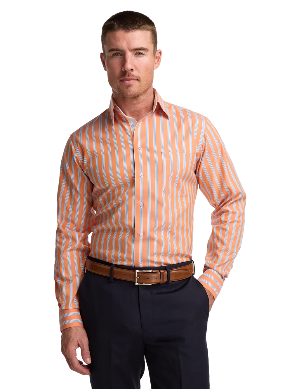 Comfort Stretch Non-Iron Stripe Dress Shirt With Contrast Trim - Melon/blue - Image 2