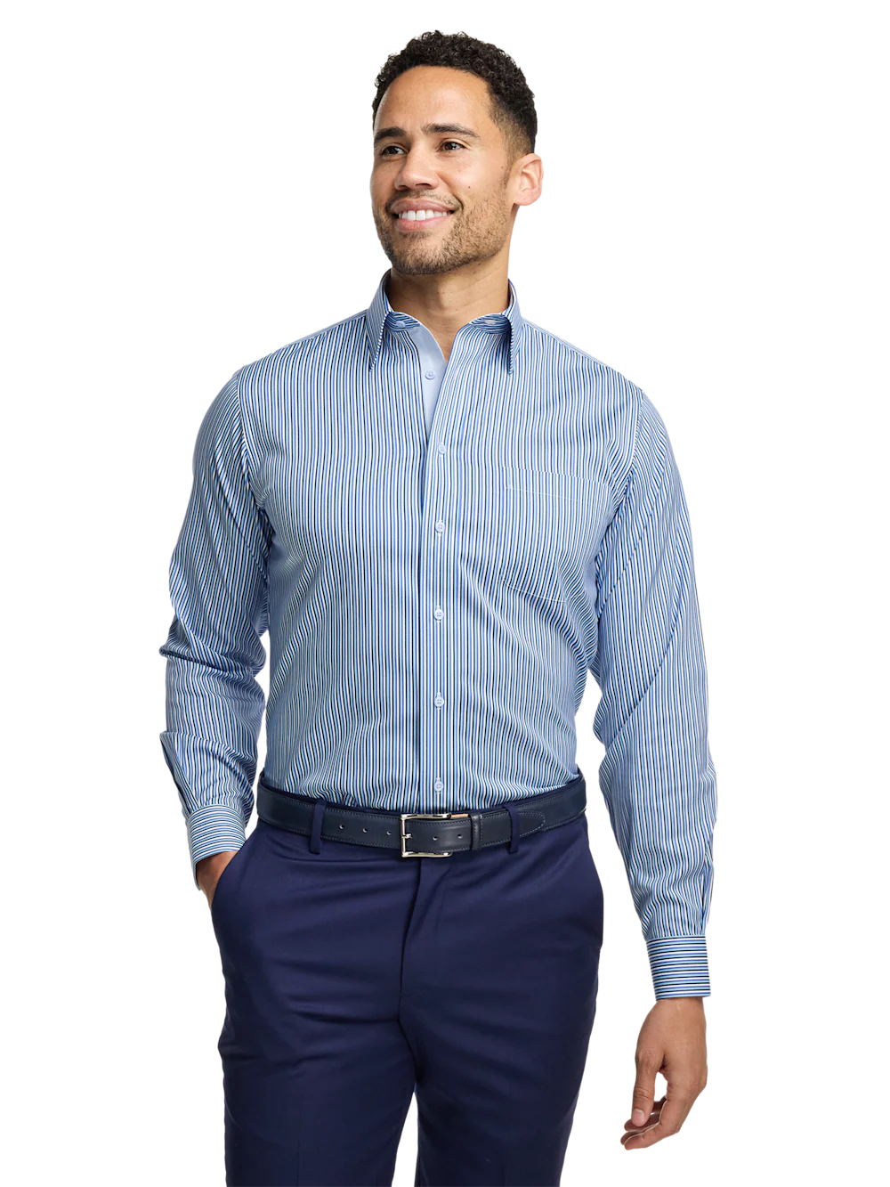 Comfort Stretch Non-Iron Stripe Dress Shirt With Contrast Trim - Blue - Image 2