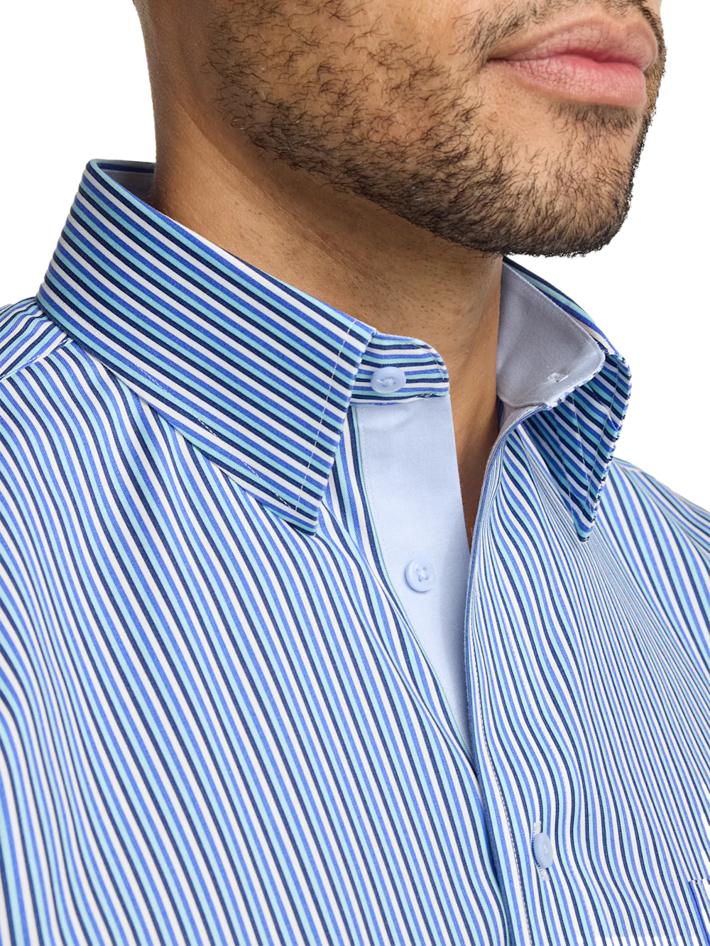 Comfort Stretch Non-Iron Stripe Dress Shirt With Contrast Trim - Blue - Image 3