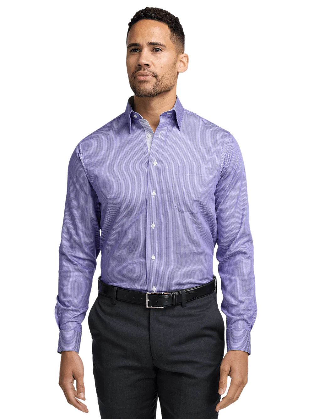 Comfort Stretch Non-Iron Stripe Dress Shirt With Contrast Trim - Purple - Image 2