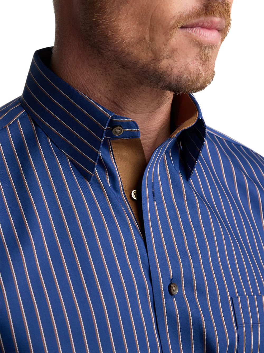 Comfort Stretch Non-Iron Stripe Dress Shirt With Contrast Trim - Navy/brown - Image 3