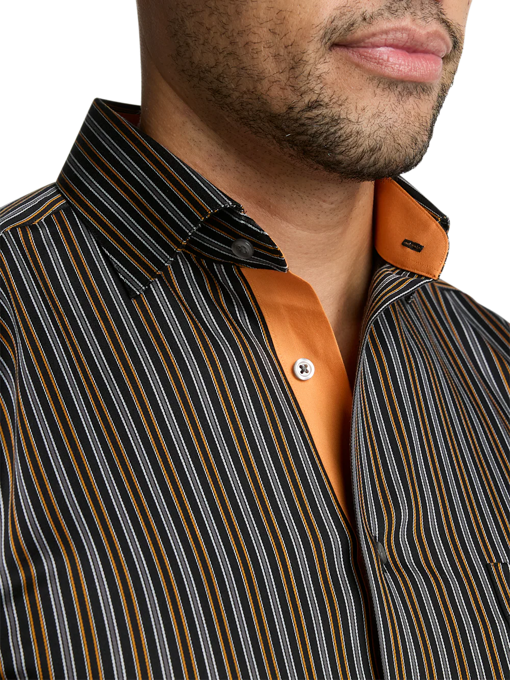 Comfort Stretch Non-Iron Stripe Dress Shirt With Contrast Trim - Black/orange - Image 3