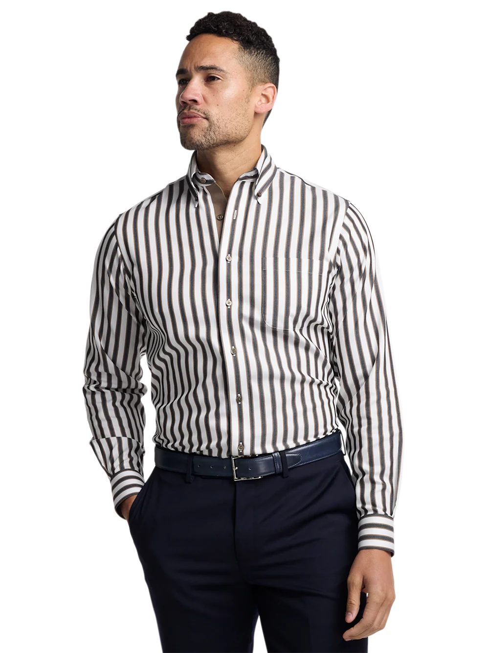 Comfort Stretch Non-Iron Stripe Dress Shirt With Contrast Trim - Brown/white - Image 2