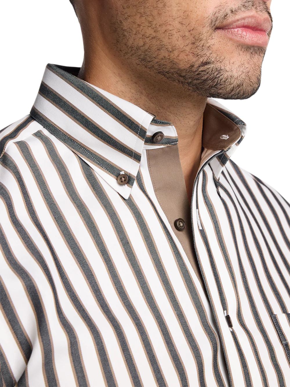 Comfort Stretch Non-Iron Stripe Dress Shirt With Contrast Trim - Brown/white - Image 3