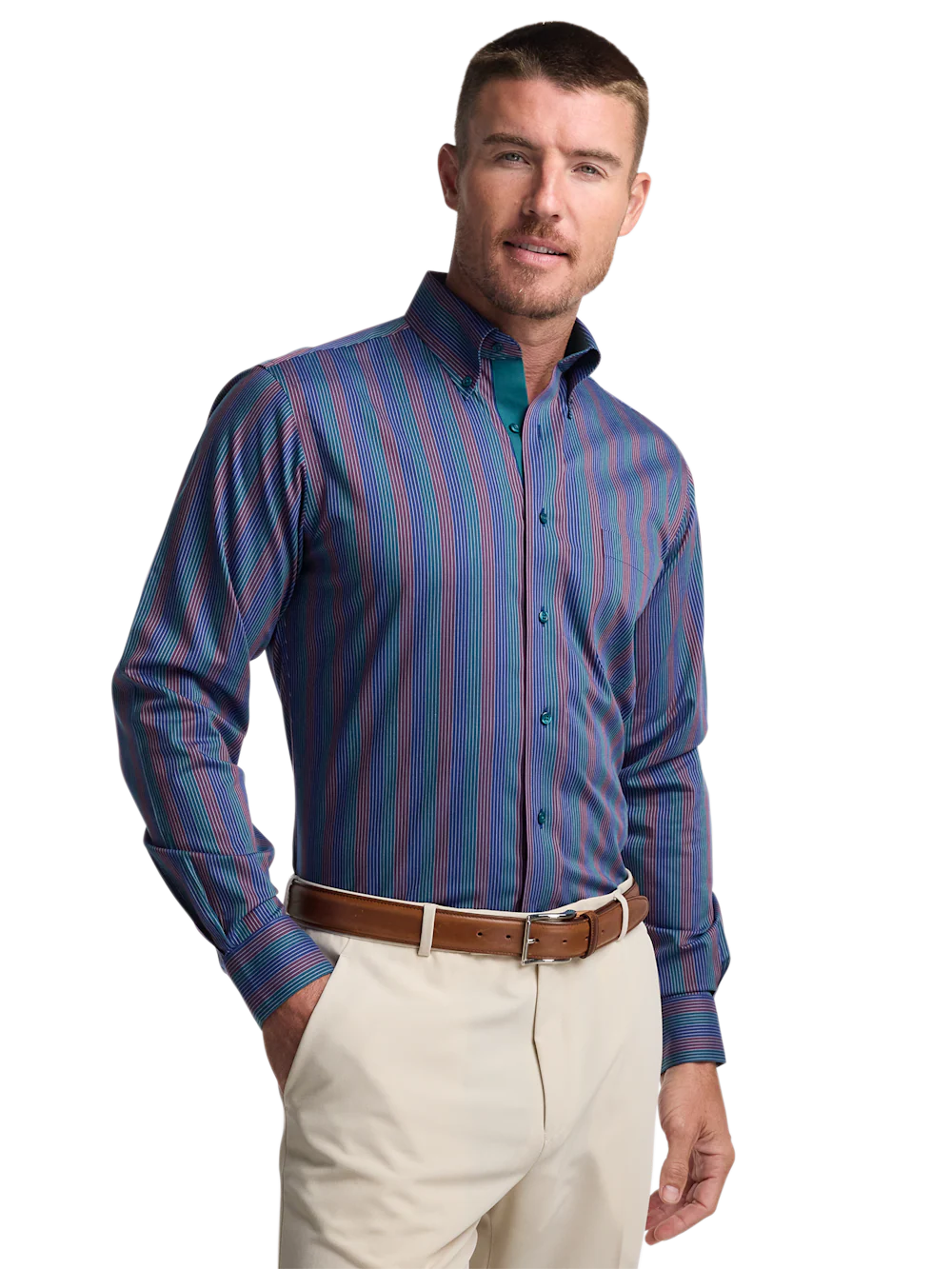 Comfort Stretch Non-Iron Stripe Dress Shirt With Contrast Trim - Multi - Image 2
