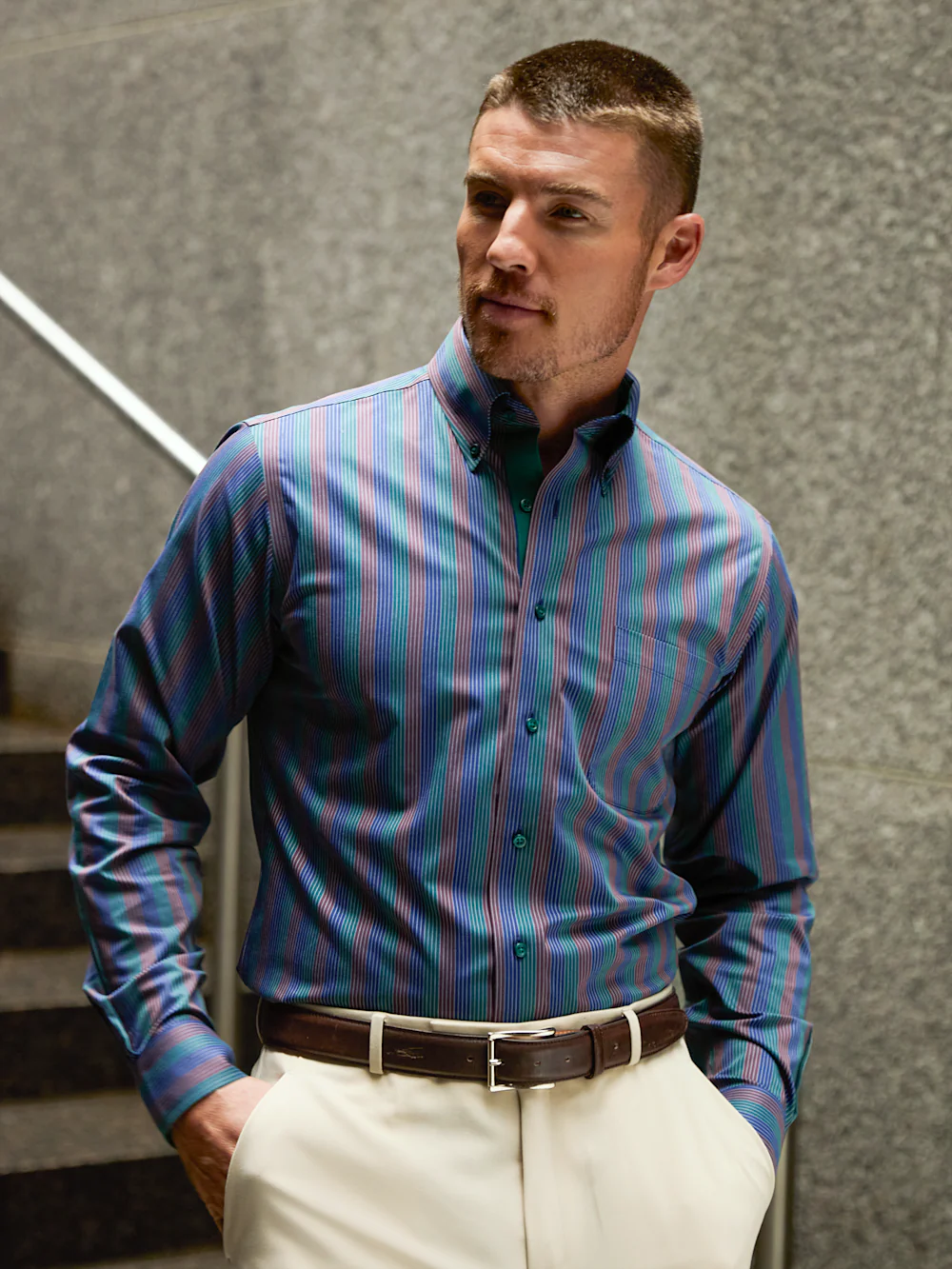Comfort Stretch Non-Iron Stripe Dress Shirt With Contrast Trim - Multi - Image 8