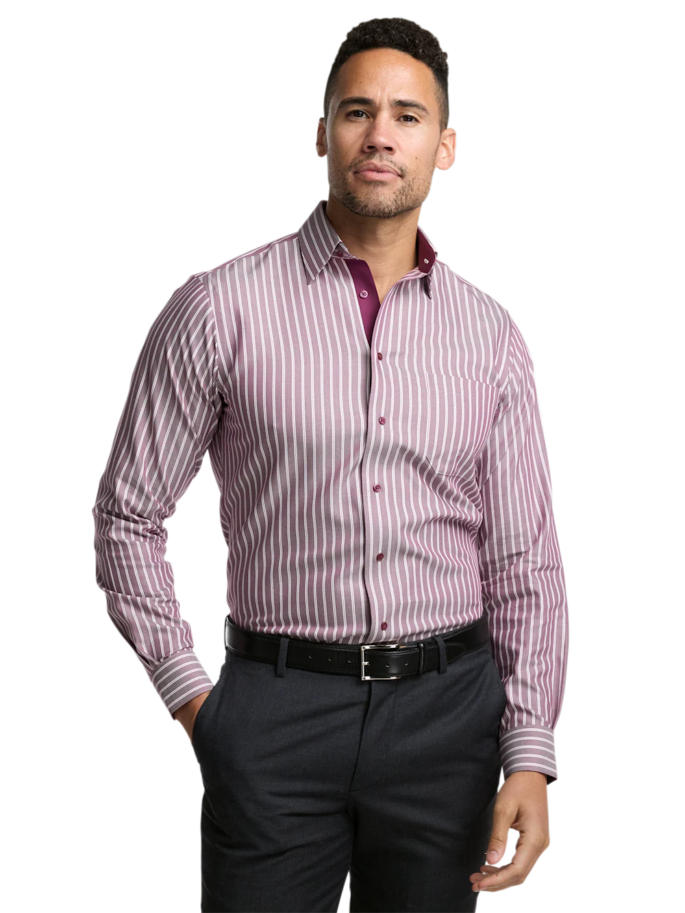 Comfort Stretch Non-Iron Stripe Dress Shirt With Contrast Trim - Burgundy - Image 2