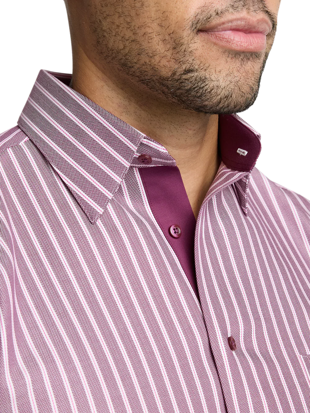 Comfort Stretch Non-Iron Stripe Dress Shirt With Contrast Trim - Burgundy - Image 3