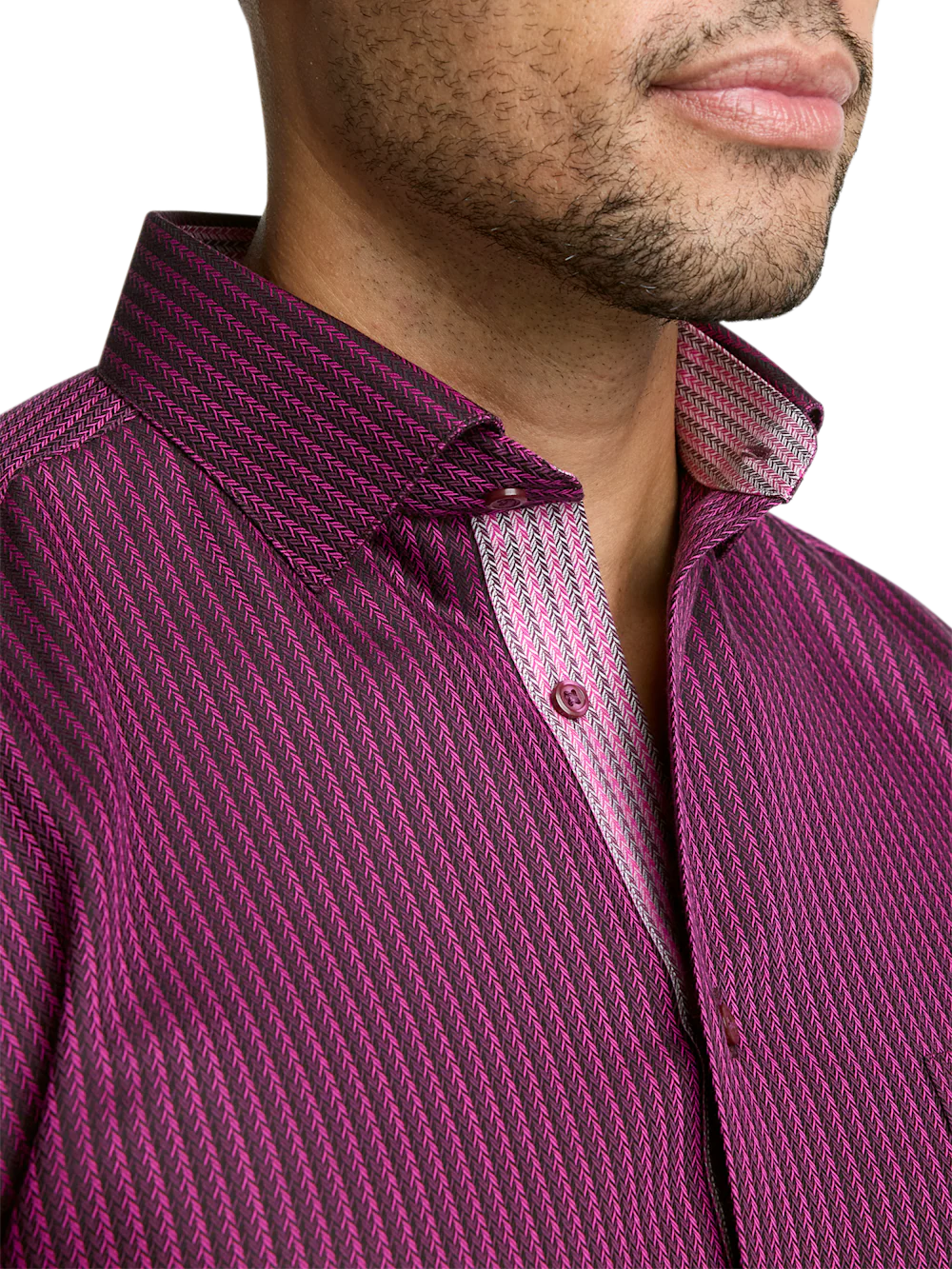 Comfort Stretch Non-Iron Stripe Dress Shirt With Contrast Trim - Burgundy - Image 3
