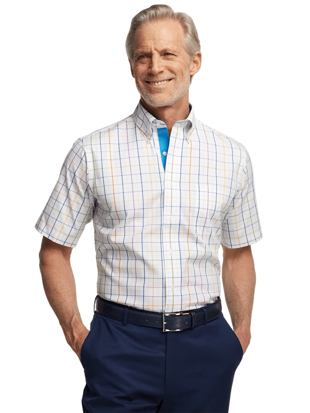 Comfort Stretch Non-Iron Tattersall Dress Shirt With Contrast Trim - Multi - Image 2