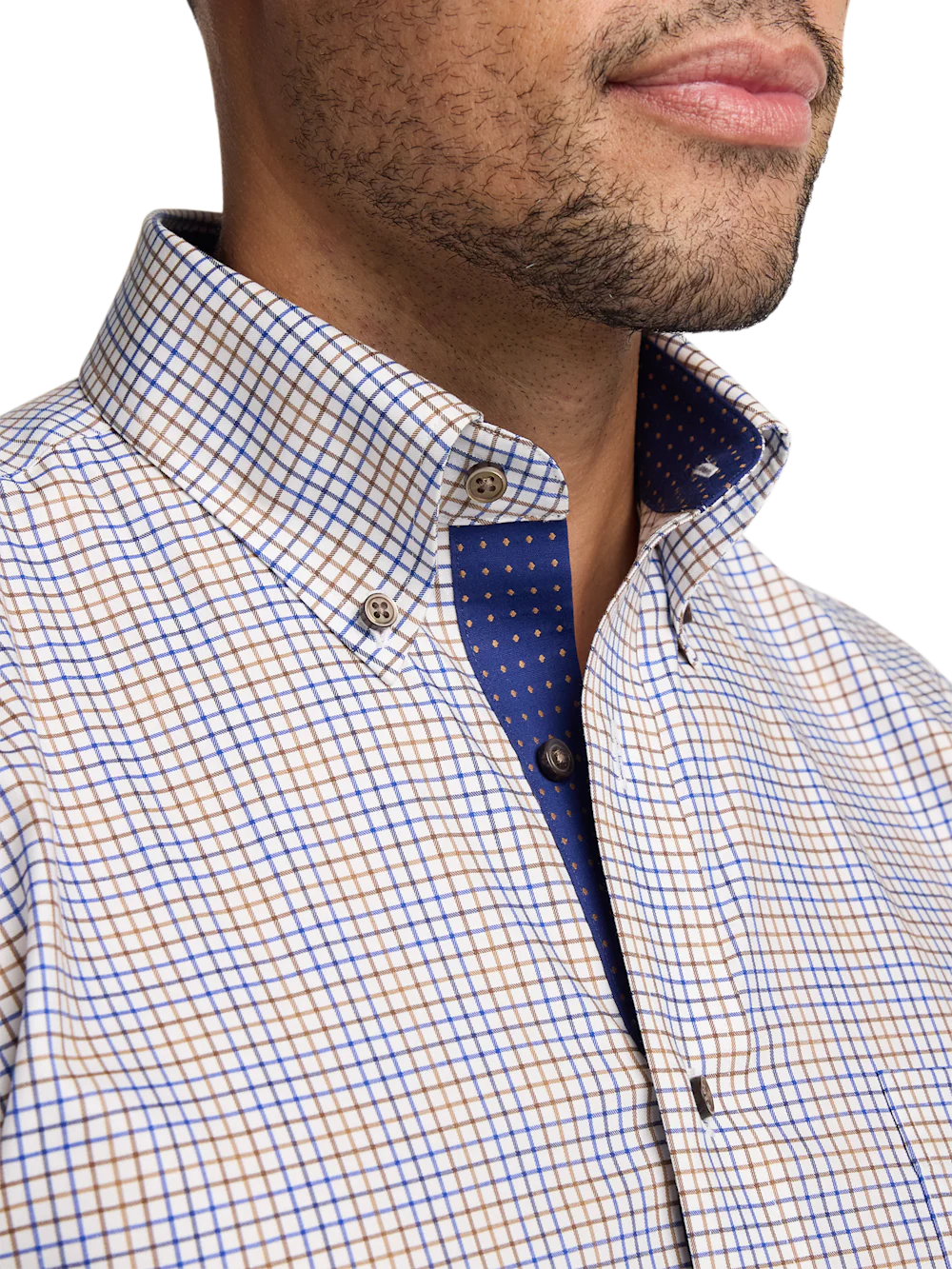 Comfort Stretch Non-Iron Tattersall Dress Shirt With Contrast Trim - Navy/tan - Image 3