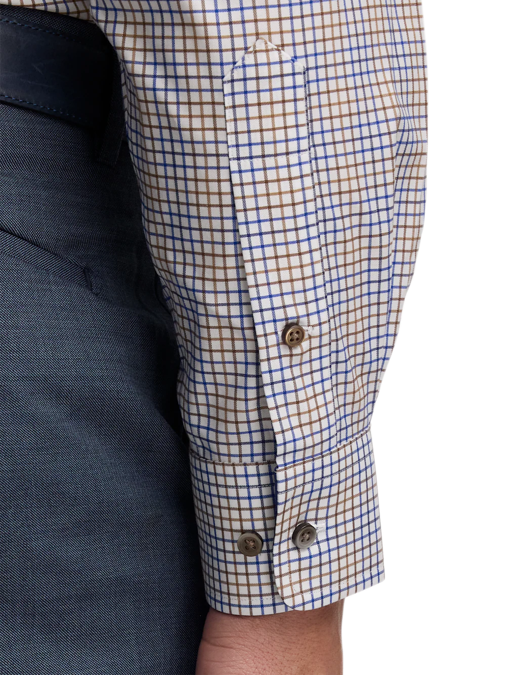 Comfort Stretch Non-Iron Tattersall Dress Shirt With Contrast Trim - Navy/tan - Image 4