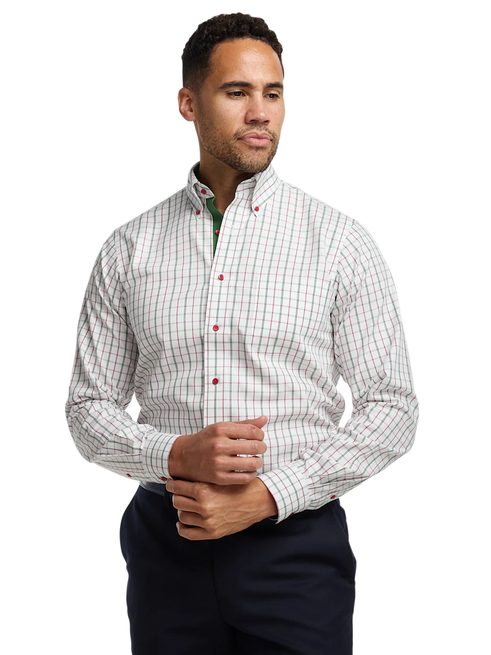 Comfort Stretch Non-Iron Windowpane Dress Shirt With Contrast Trim - Green - Image 2