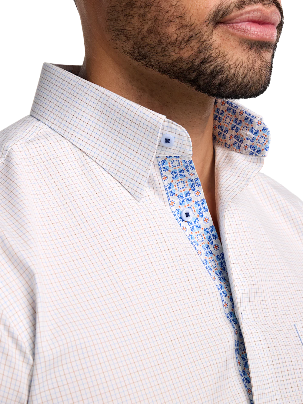 Comfort Stretch Non-Iron Windowpane Dress Shirt With Contrast Trim - Blue/brown - Image 3