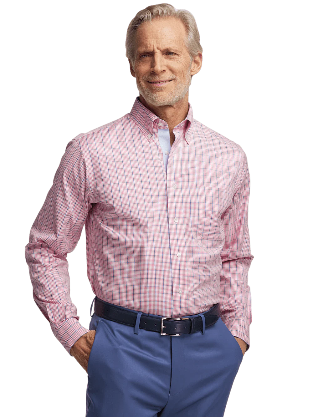 Comfort Stretch Non-Iron Windowpane Dress Shirt With Contrast Trim - Pink/blue - Image 2