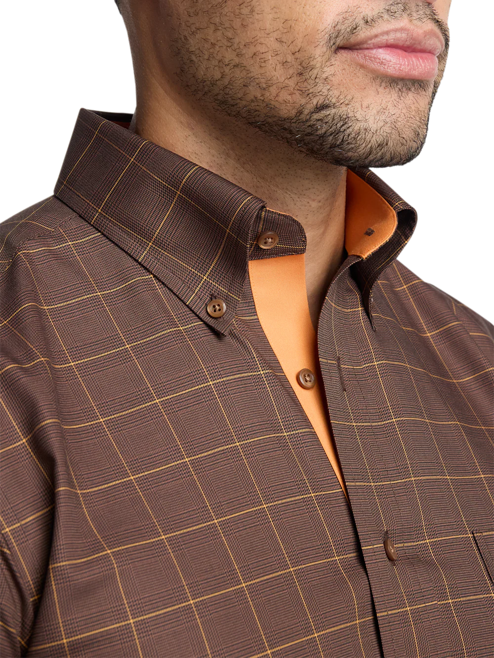 Comfort Stretch Non-Iron Windowpane Dress Shirt With Contrast Trim - Brown/orange - Image 3