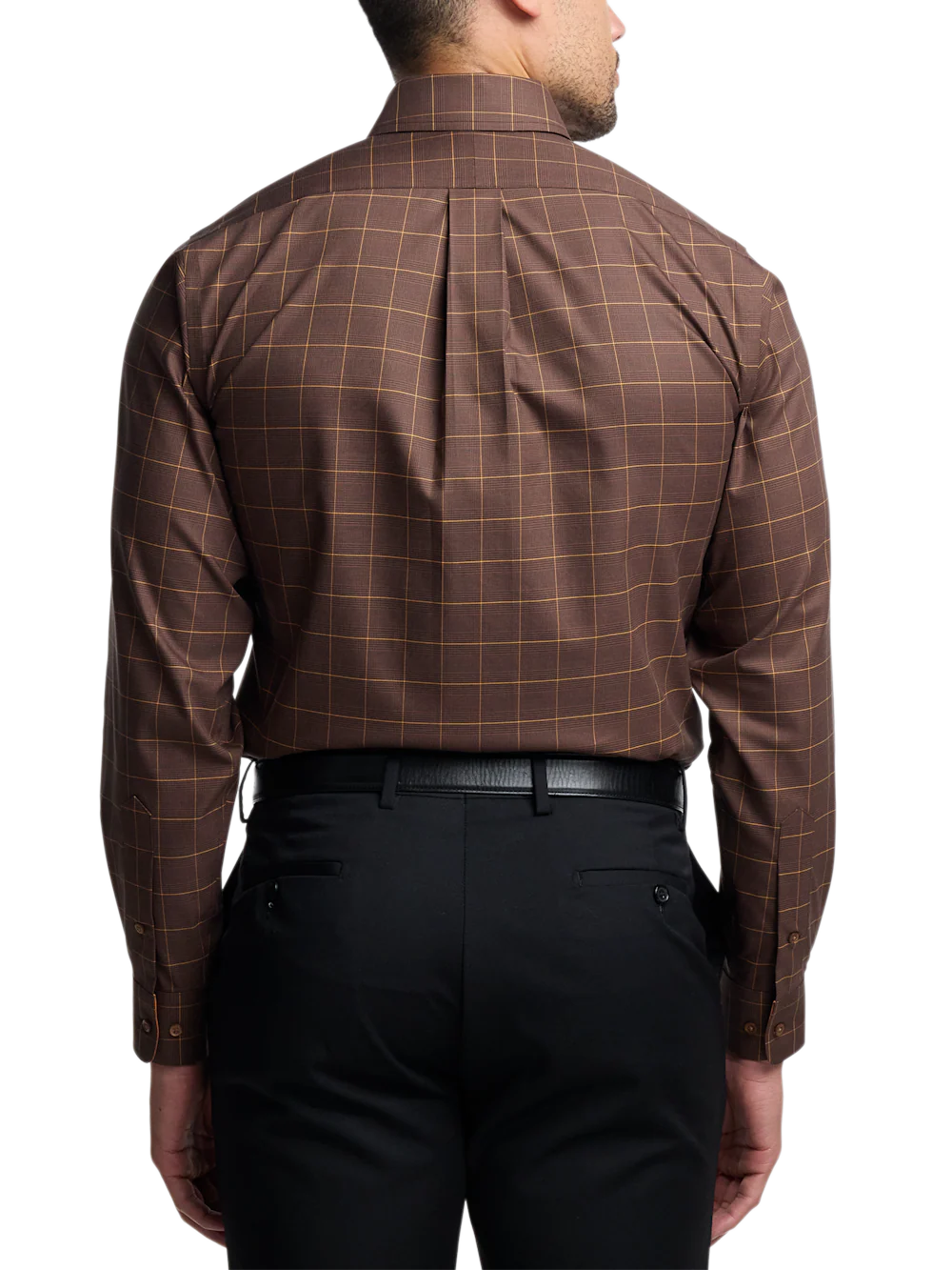 Comfort Stretch Non-Iron Windowpane Dress Shirt With Contrast Trim - Brown/orange - Image 5