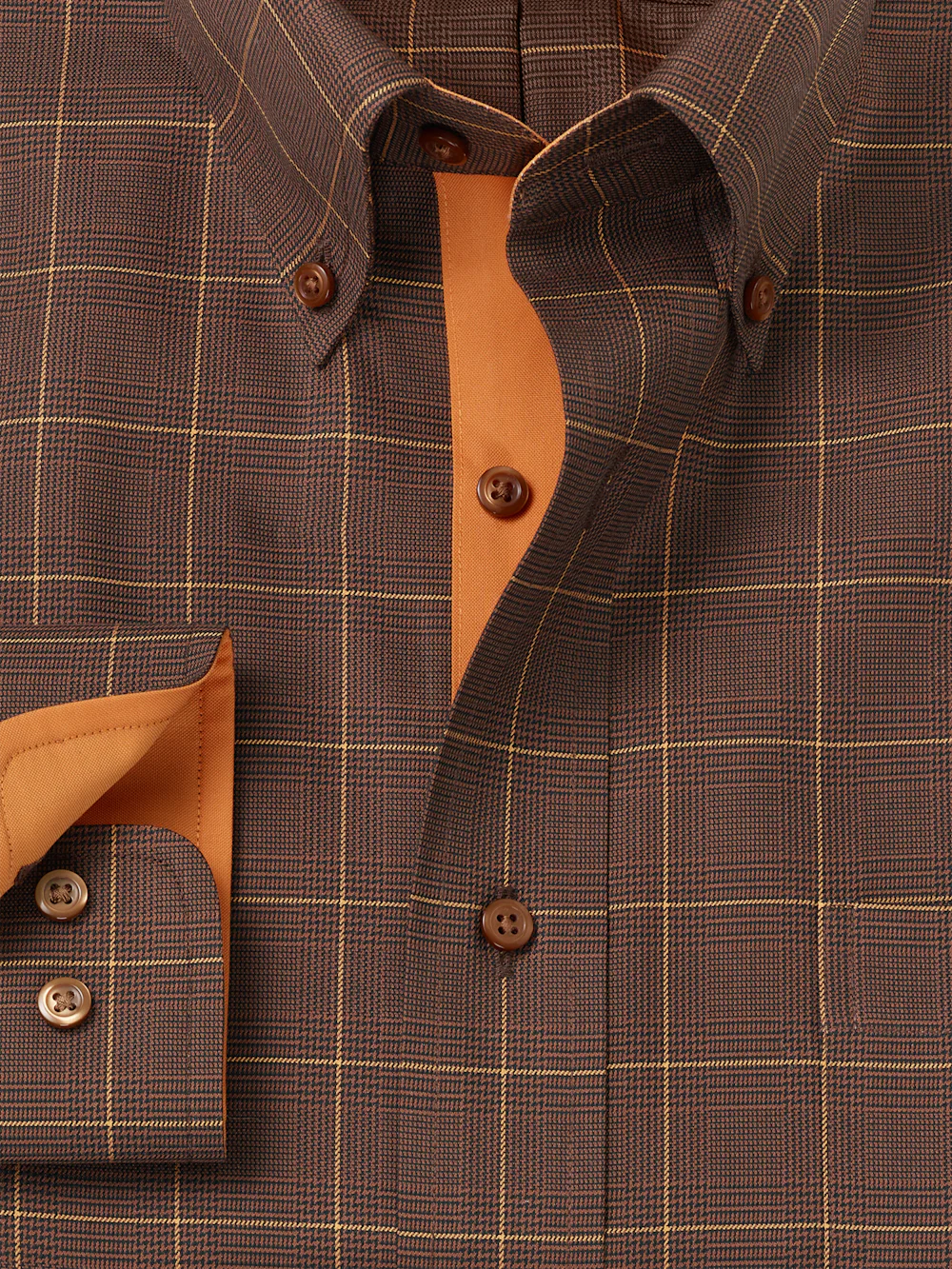 Comfort Stretch Non-Iron Windowpane Dress Shirt With Contrast Trim - Brown/orange - Image 6