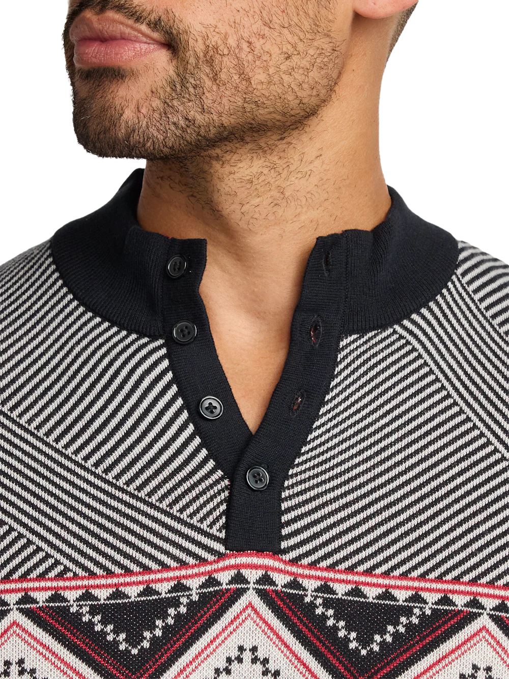 Cotton 4-button Mock Neck Sweater - Black/red - Image 3