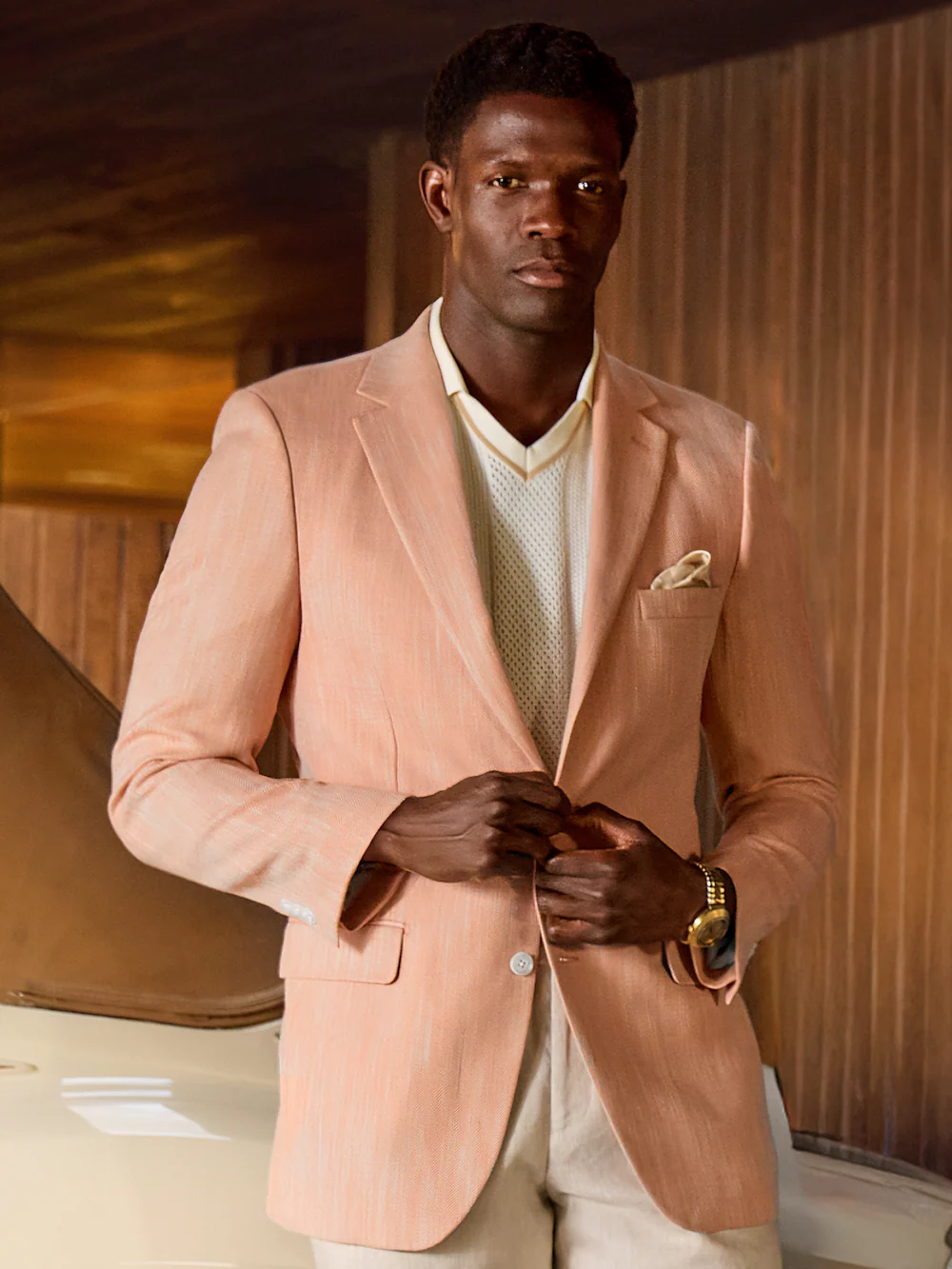 Cotton Blend Herringbone Single Breasted Notch Lapel Sport Coat - Melon - Image 8