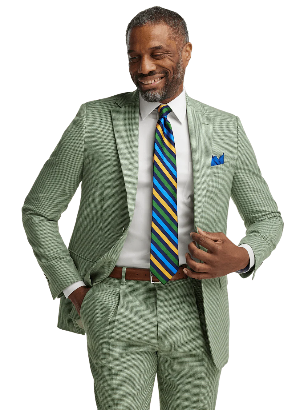 Cotton Blend Houndstooth Single Breasted Notch Lapel Suit Jacket - Green - Image 2