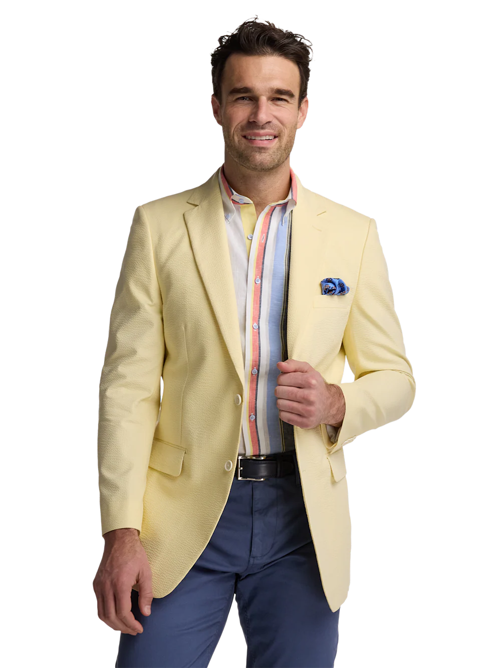 Cotton Blend Seersucker Single Breasted Notch Lapel Sport Coat - Light Yellow - Image 2