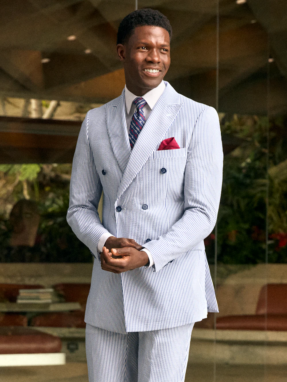 Cotton Blend Stripe Double Breasted Peak Lapel Suit - Navy/white - Image 10