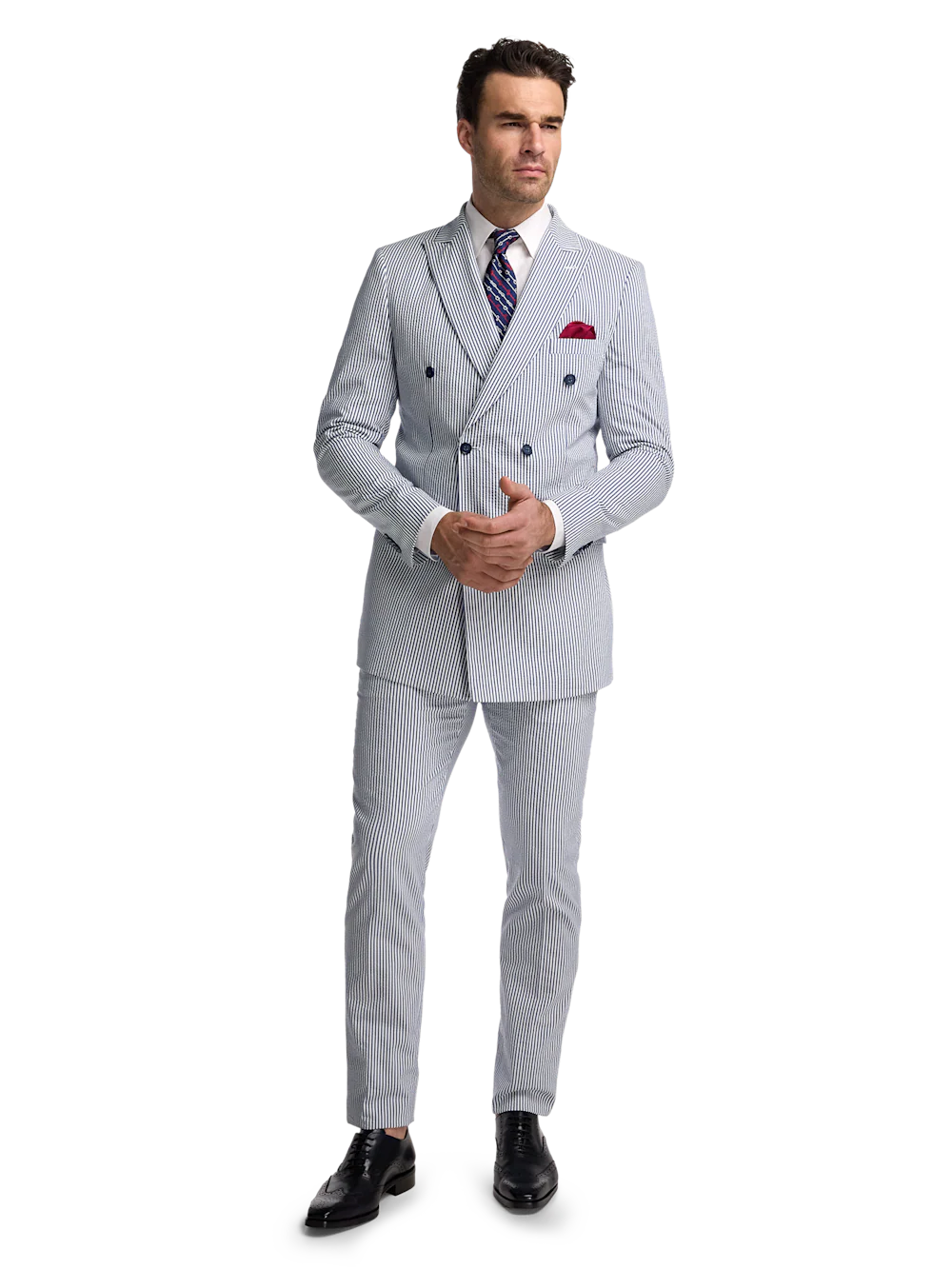 Cotton Blend Stripe Double Breasted Peak Lapel Suit - Navy/white - Image 2
