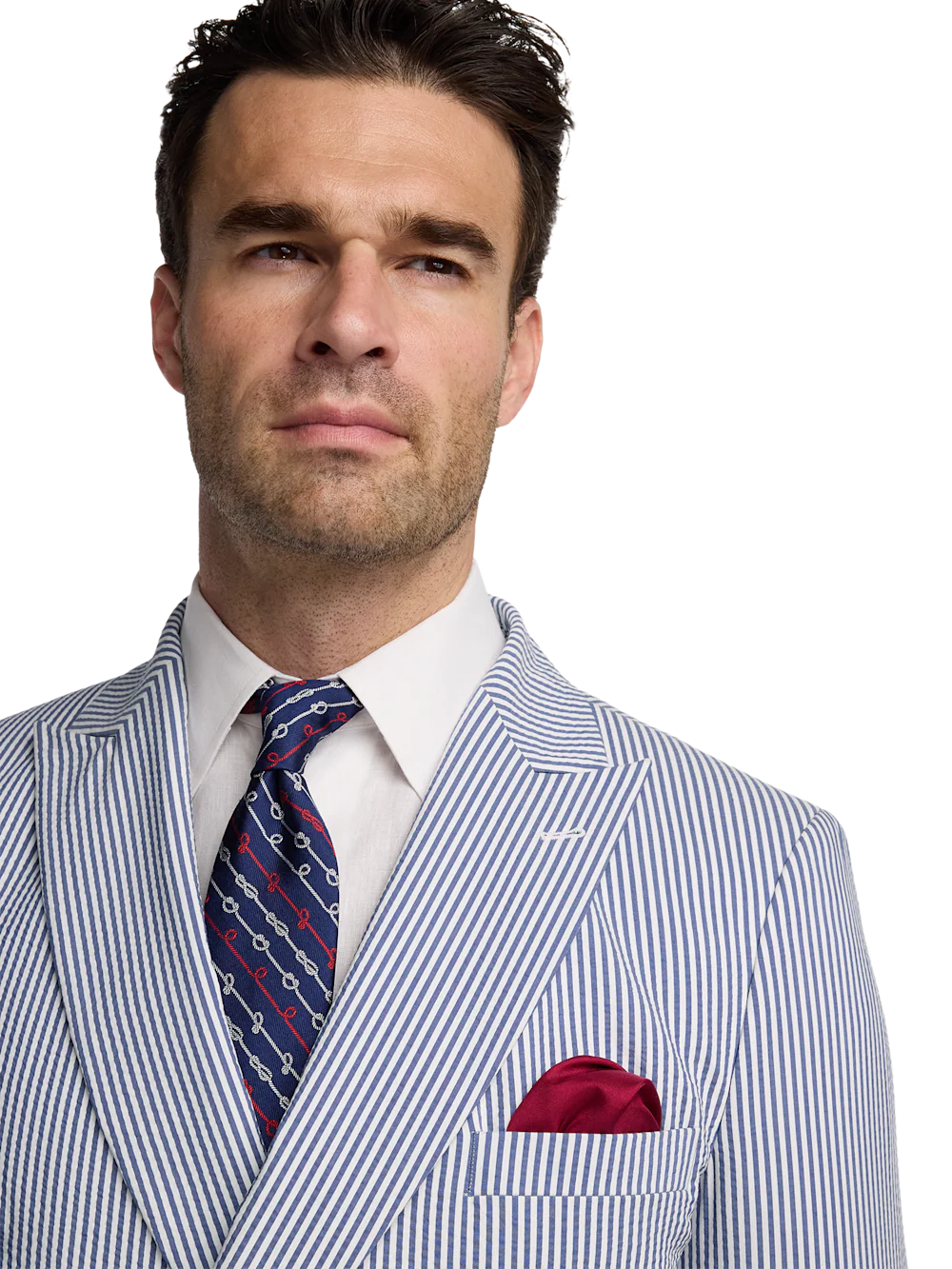 Cotton Blend Stripe Double Breasted Peak Lapel Suit - Navy/white - Image 3