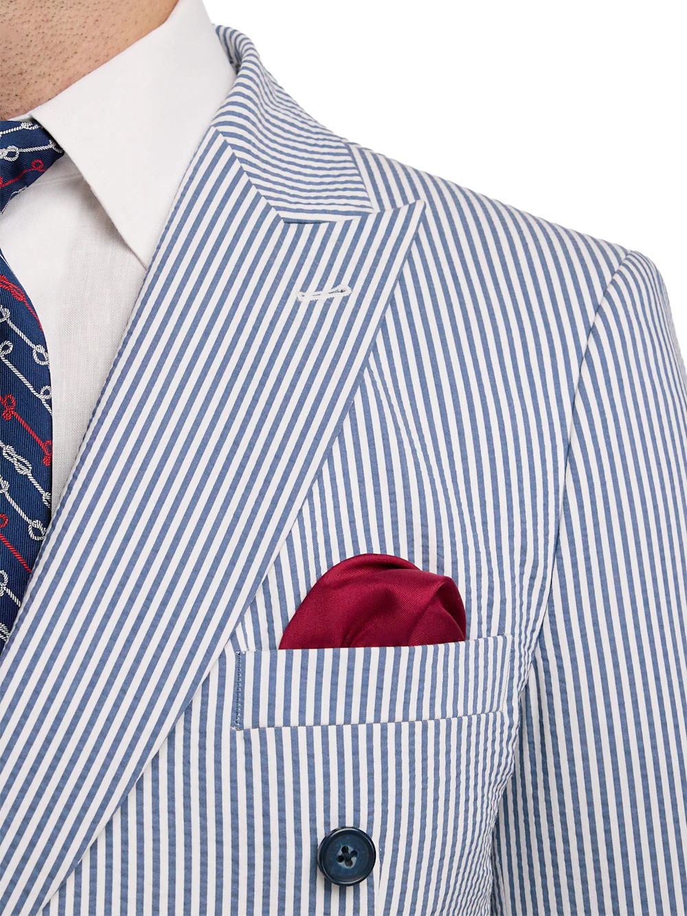 Cotton Blend Stripe Double Breasted Peak Lapel Suit - Navy/white - Image 6