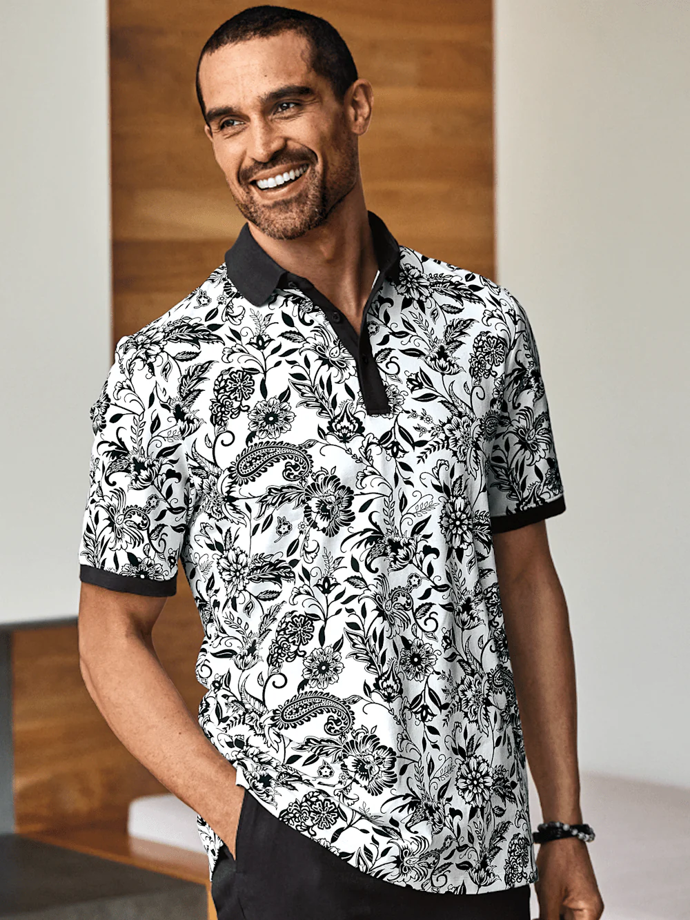 Cotton Blend Three Button Polo - Black/white - Image 8