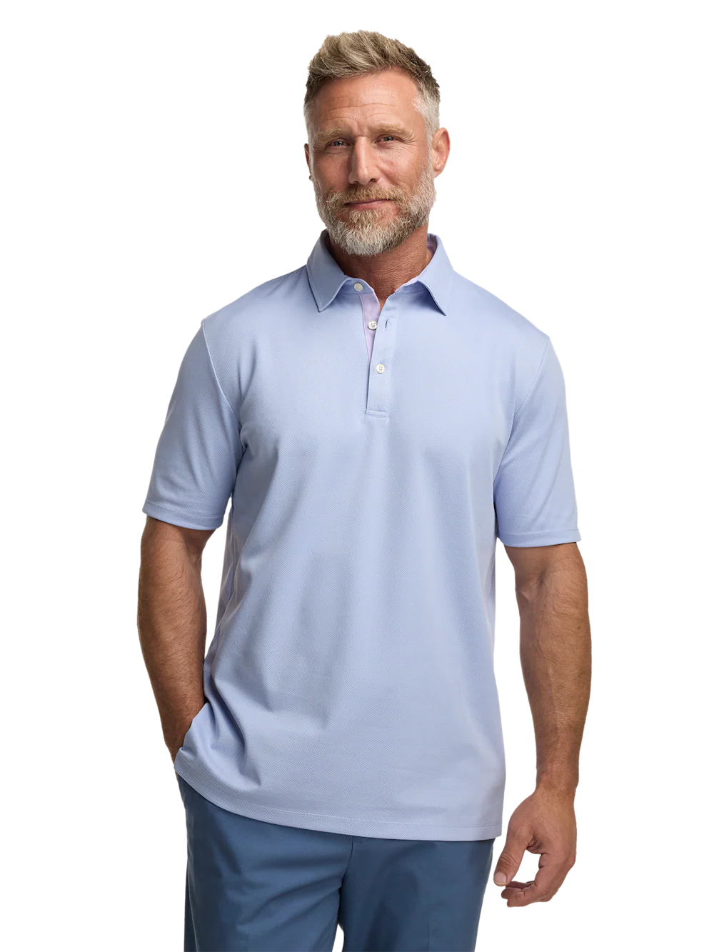 Cotton Blend Three Button Polo - Blue - Image 2