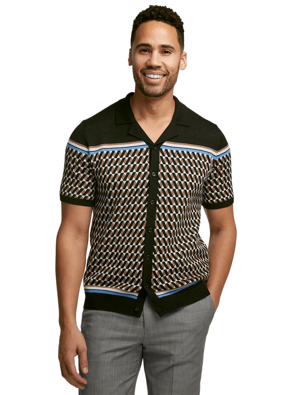Cotton Button Front Camp Collar Sweater - Black/brown - Image 2