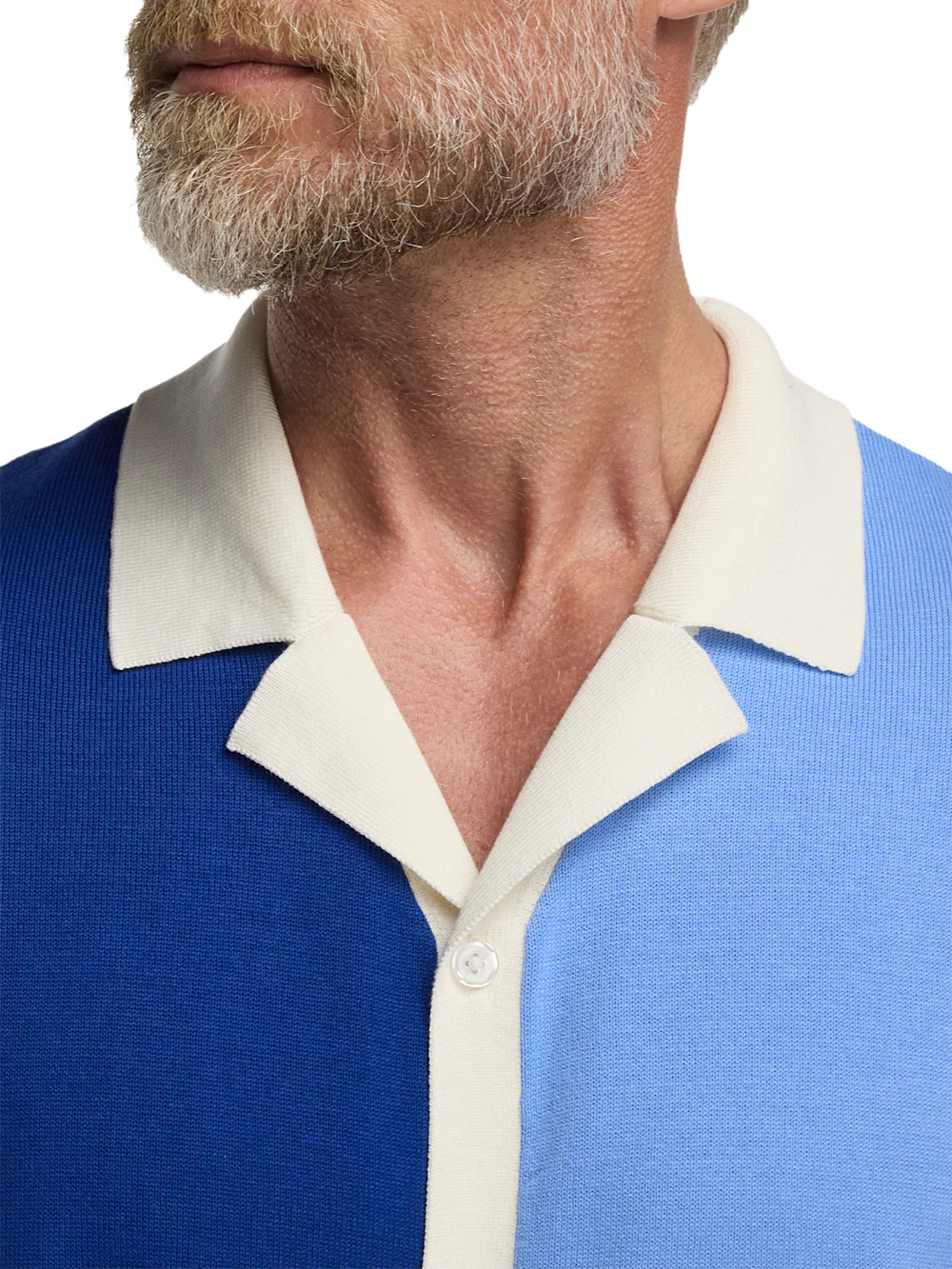 Cotton Button Front Camp Collar Sweater - Blue - Image 3