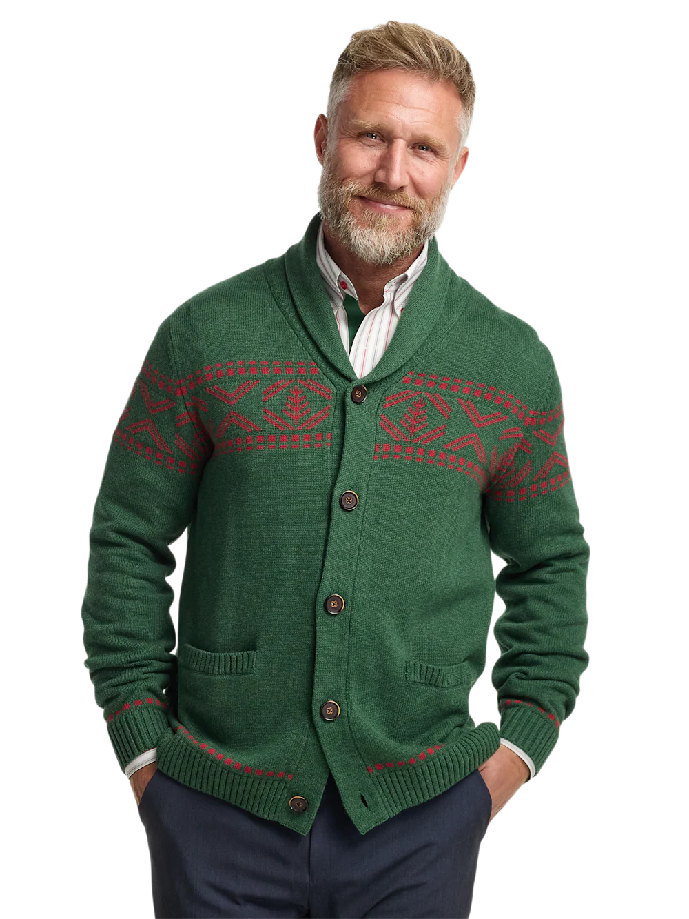Cotton Button Front Fair Isle Shawl Collar Cardigan Sweater - Green - Image 2