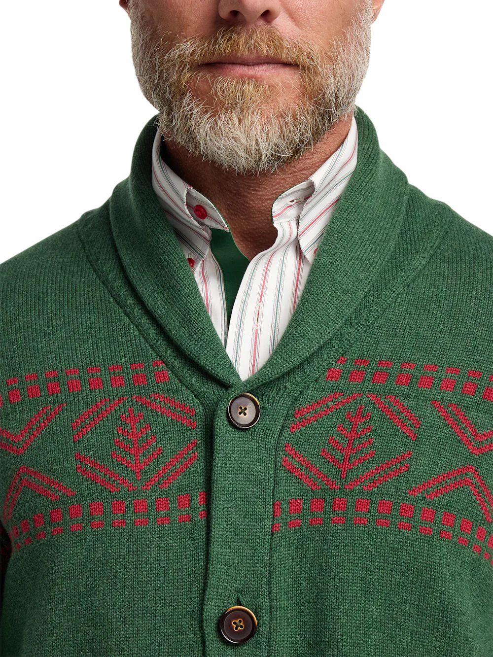 Cotton Button Front Fair Isle Shawl Collar Cardigan Sweater - Green - Image 3
