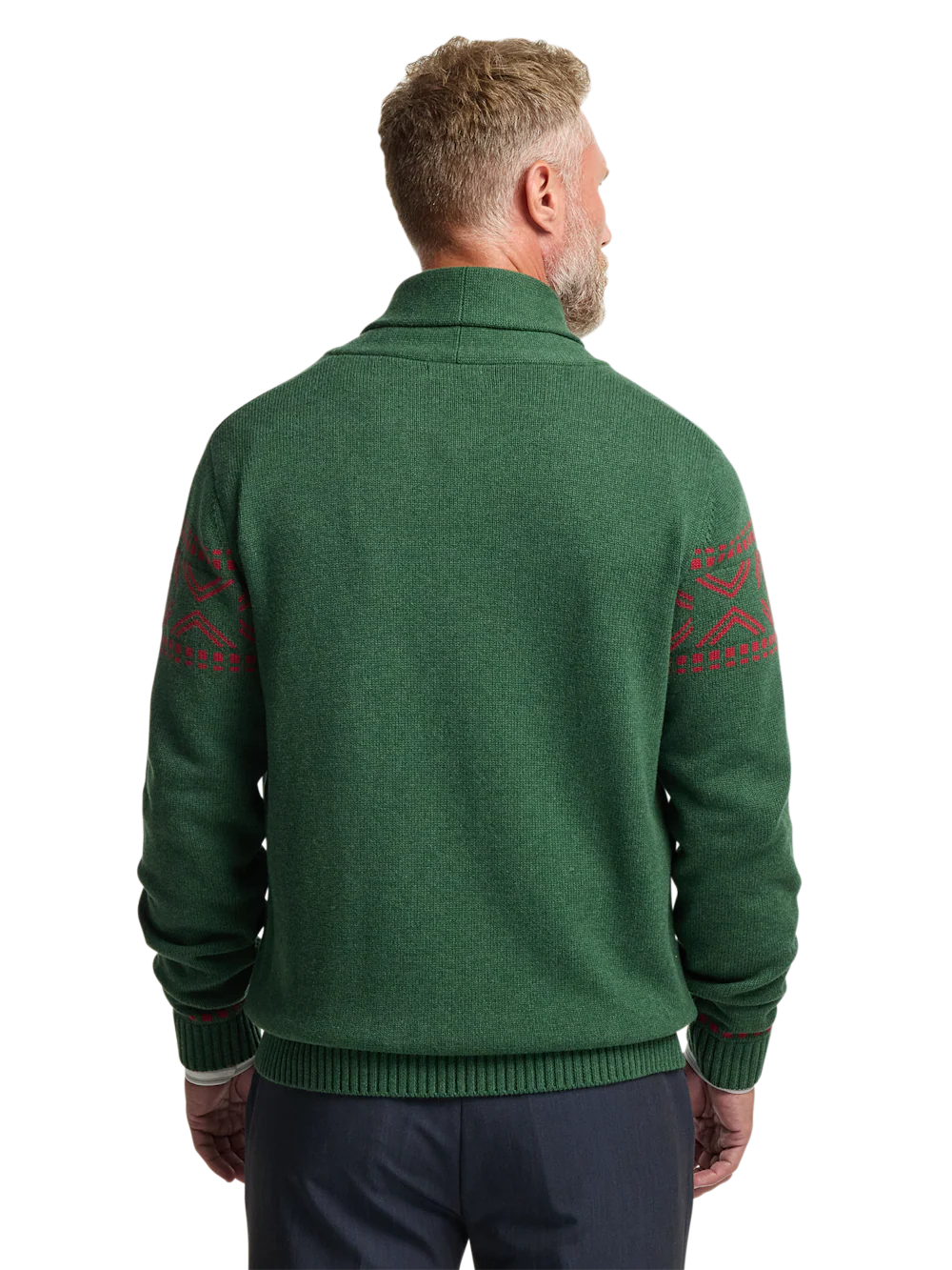 Cotton Button Front Fair Isle Shawl Collar Cardigan Sweater - Green - Image 5