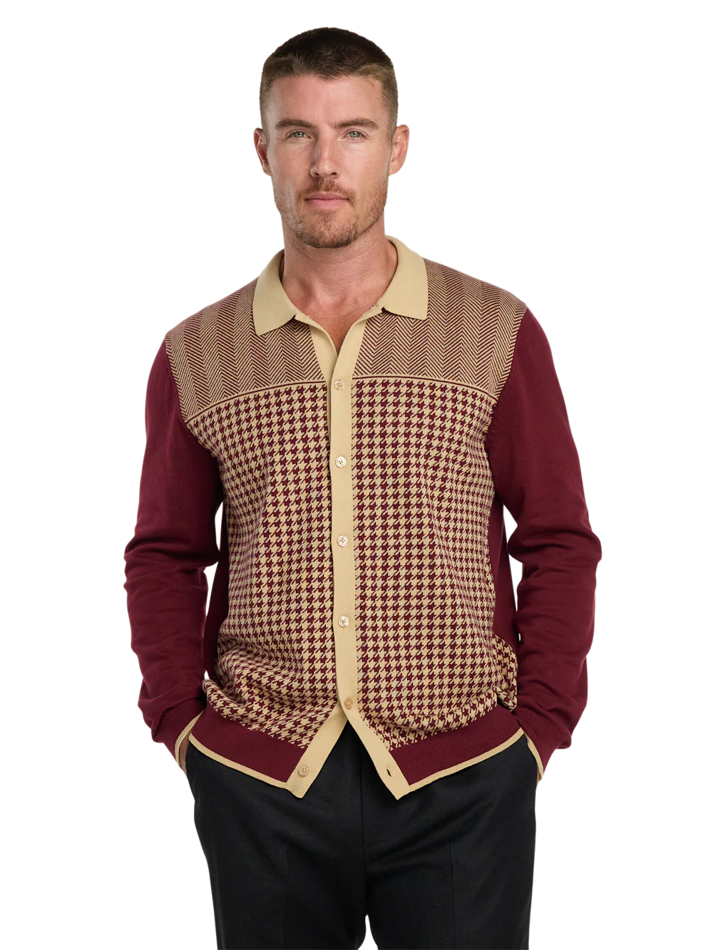 Cotton Button Front Polo - Burgundy - Image 2