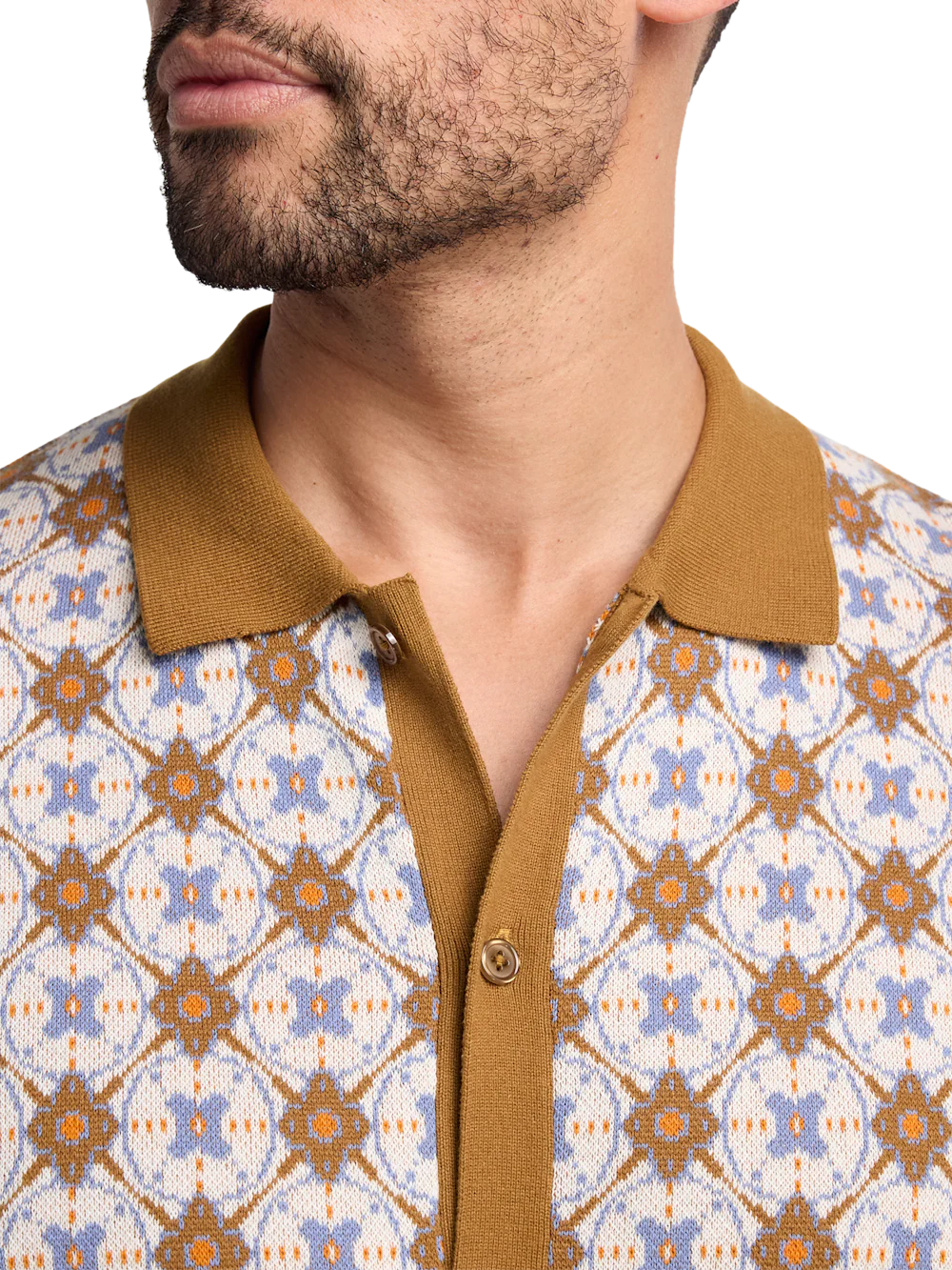 Cotton Button Front Polo - Tan Multi - Image 3