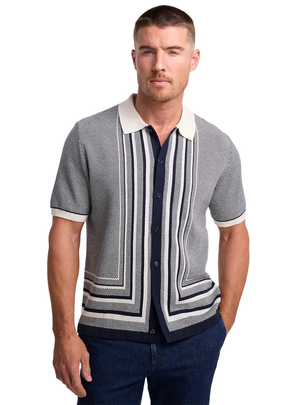 Cotton Button Front Polo - Navy - Image 2