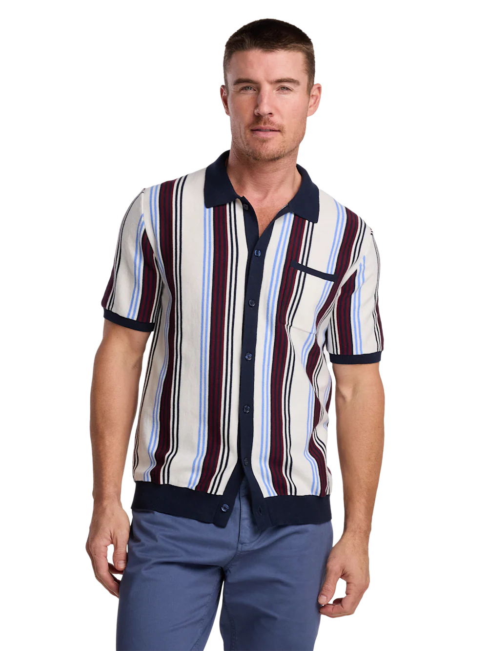 Cotton Button Front Polo - Navy Multi - Image 2