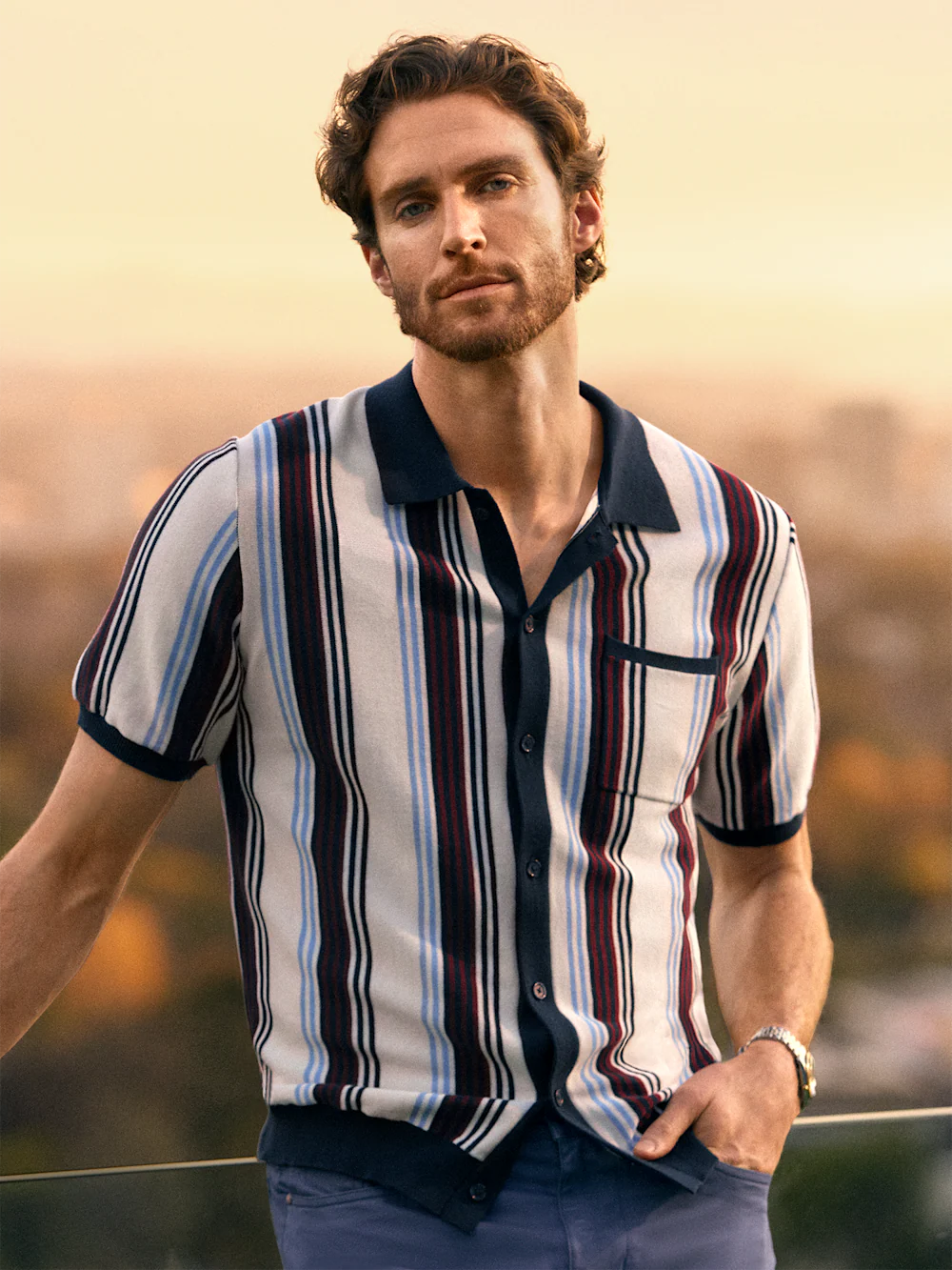 Cotton Button Front Polo - Navy Multi - Image 7