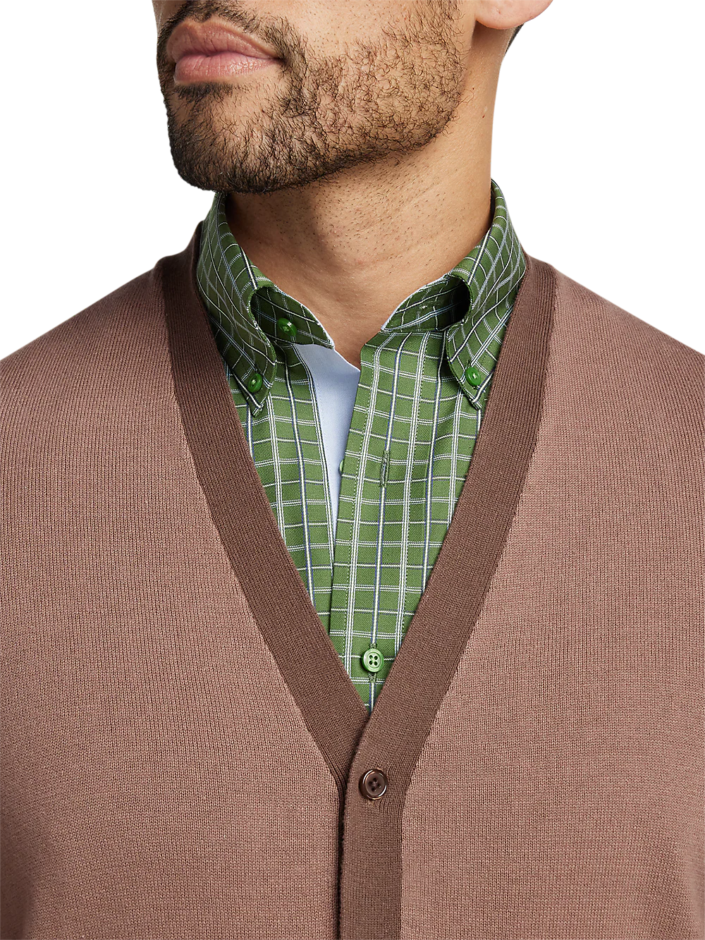 Cotton Button Front V-neck Cardigan - Brown - Image 3