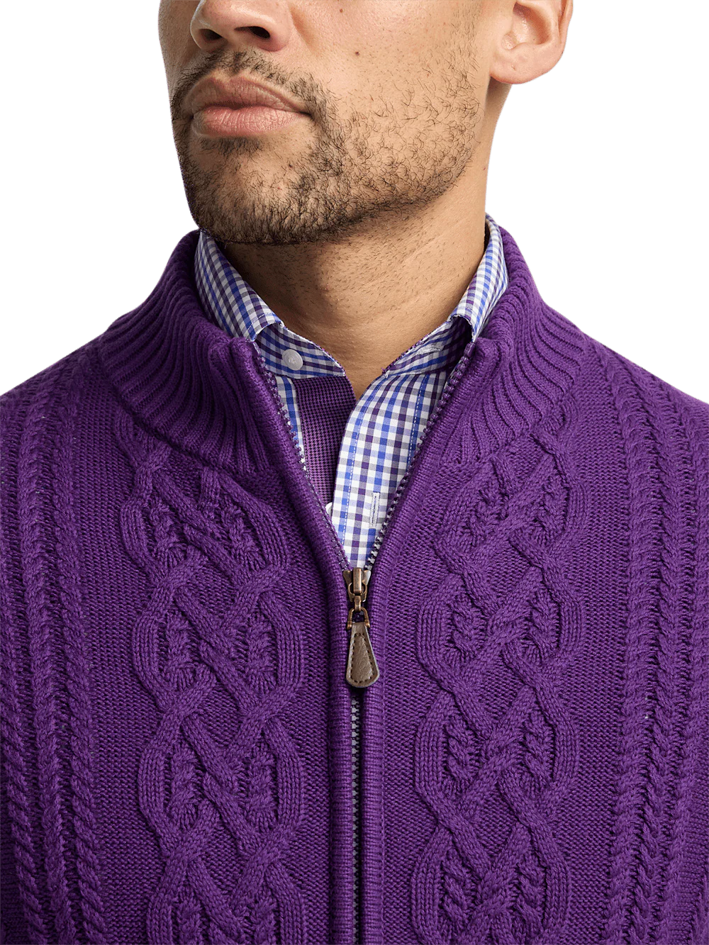 Cotton Cable Full Zip Mock Neck Sweater - Purple - Image 3