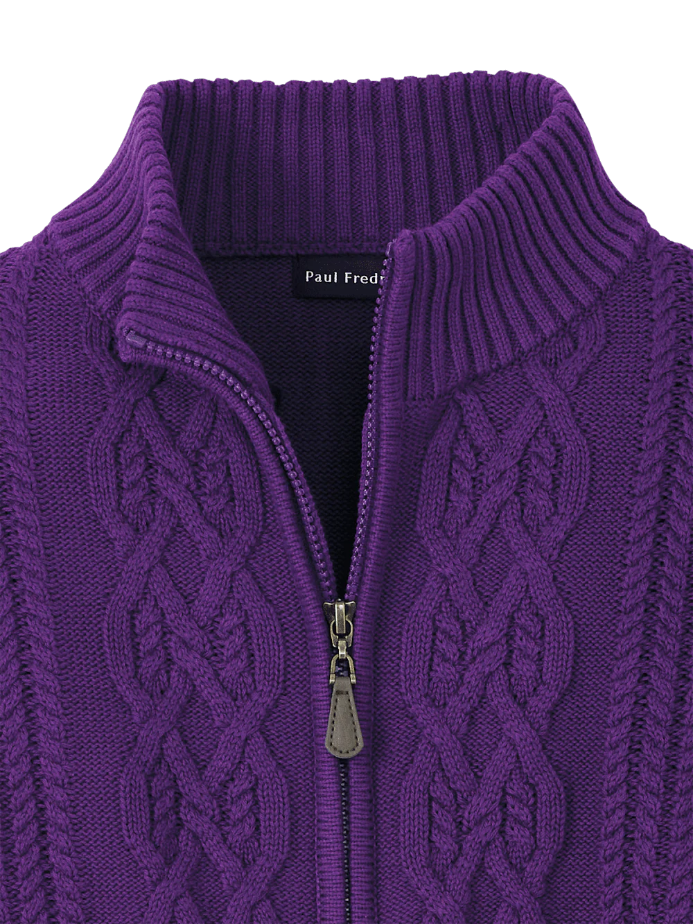 Cotton Cable Full Zip Mock Neck Sweater - Purple - Image 6